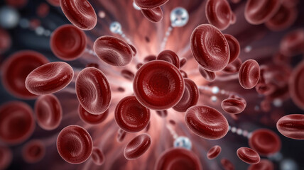 Red blood cells flowing in a vein or artery for oxygen transport and immune system function