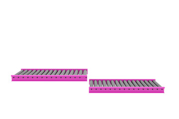 brush for hair.  3D render industrial pink roller conveyor on white. Modern warehouse equipment, logistics automation, factory production line, transport and material handling system.
