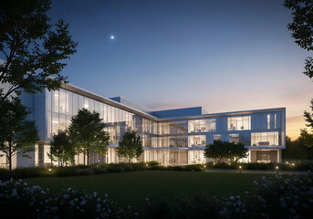 Obraz premium Modern architectural building with large glass windows and illuminated interior set against a twilight sky with a crescent moon and surrounding trees