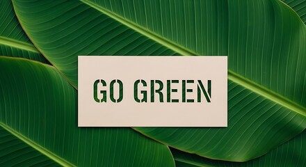 Go green message on a card over green banana leaves, environment concept