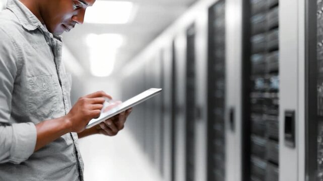 Digital data management: A dedicated technician, focused on maintaining data integrity, stands amidst rows of towering servers, interacting with a modern tablet.