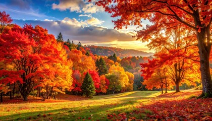 Majestic autumn scenery unfolds, showcasing vibrant trees displaying red, orange, and yellow hues, with sunlight streaming through branches onto a grassy field, creating a picturesque landscape and...