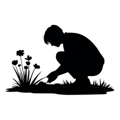 Silhouette of person gardening planting flowers in garden illustration vector design and art silhouette image