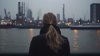 A woman with a ponytail stands on a bridge overlooking a city skyline at dusk.