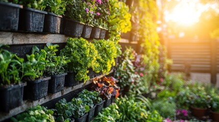 A vibrant garden wall with a variety of plants and flowers, including green and purple hues, against a wooden backdrop with a warm, sunlit background.