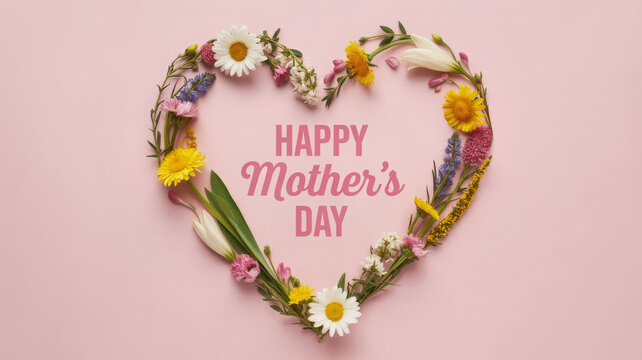 Happy mothers day floral heart isolated on pink background, a beautiful arrangement of flowers - Powered by Adobe