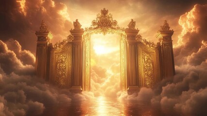 Radiant golden gates glowing in soft, fluffy clouds reveal brilliant sunlight beyond, symbolizing heaven, divine mystery, spirituality, and eternal paradise in a majestic vision of light and faith. - Powered by Adobe