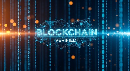 Blockchain verified text with binary code and glowing particles background