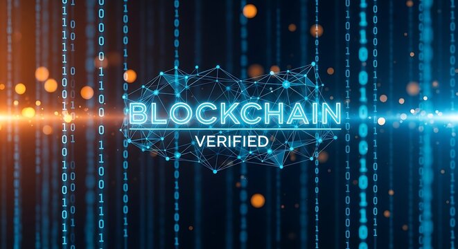 Blockchain verified text with binary code and glowing particles background