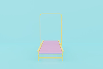 ladder to the wall. 3D render yellow roller conveyor machine with pink rollers on blue. Modern warehouse equipment, logistics automation, factory production line and material handling system.