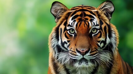 Fototapeta premium A majestic tiger with a green background, showcasing its striking features and natural beauty.