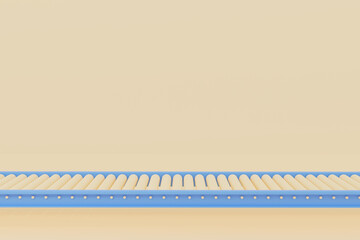 set of rulers. 3D render blue roller conveyor machine with beige rollers. Modern warehouse equipment, logistics automation, factory production line, transport and industrial material handling system.