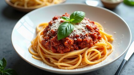 Classic Spaghetti Bolognese with fresh basil and parmesan cheese in a white bowl