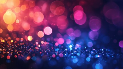 A vibrant, colorful abstract background with a mix of pink, purple, and blue bokeh lights.
