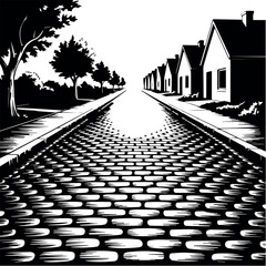 Black and white vector illustration of a stone paved street with houses and trees drawing art 100