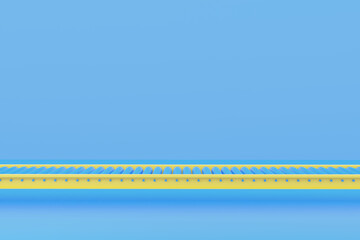 blue and yellow ruler. 3D render yellow roller conveyor machine with blue rollers on blue background. Modern warehouse equipment, factory automation, logistics production line.