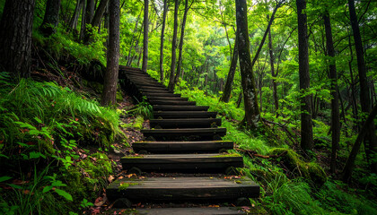高木の間を抜けて森の奥へ導く木製階段の穏やかな景観