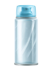 Transparent aerosol bottle with blue spray nozzle and water droplets dispenser container