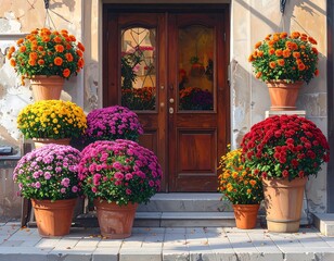 Autumn flowers decorate a vintage-style doorway