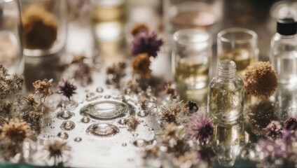 Small glass containers with liquids and dried flowers on a reflective surface