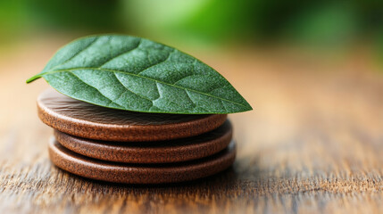 Green leaf on stack of coins