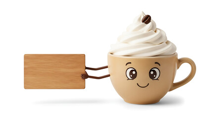 Cute coffee cup character holding a wooden sign ready for your message or promotion here