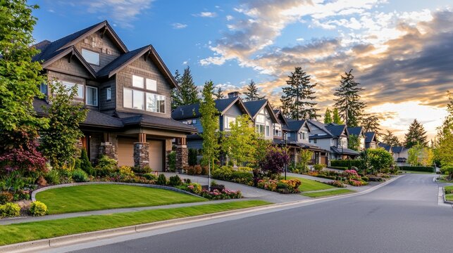 A serene suburban street with houses, trees, and a clear blue sky at sunset.