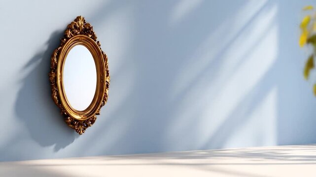 Vintage ornate mirror hanging on pastel blue wall with light and shadow