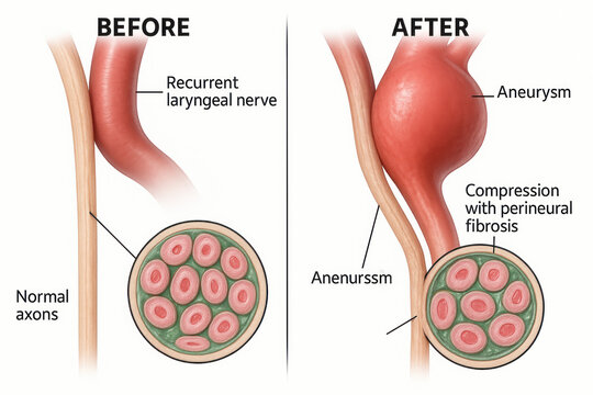 Medical Illustration Showing Compression of the Recurrent Laryngeal Nerve by an Aneurysm