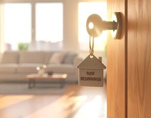 A key with a house-shaped keychain hangs in a door, opening to a bright living room, symbolizing new beginnings.