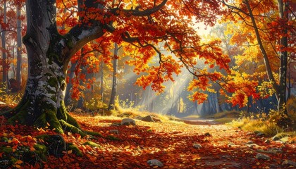 Autumn forest bathed in sunlight