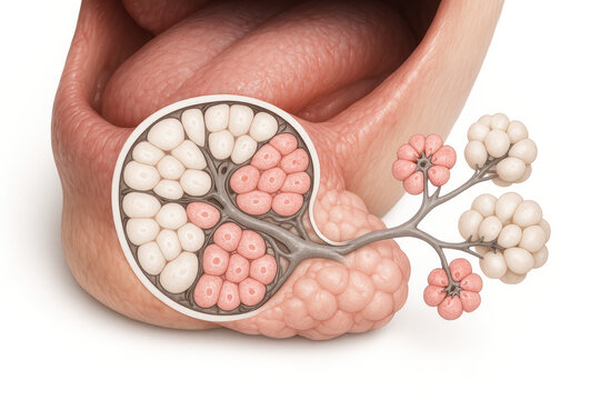 Medical illustration of human salivary gland anatomy, showing acini and lobules