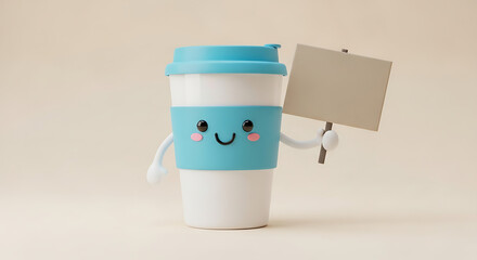 Cute coffee cup character holding a blank sign ready for your message on a soft beige background perfect for promotions