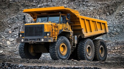 A large yellow dump truck parked in a rocky, rocky terrain with a rocky background.