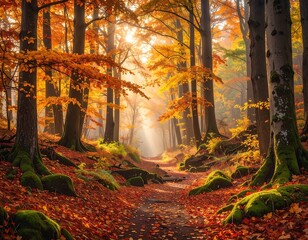 Autumn forest path bathed in sunlight (1)