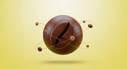 Conceptual coffee bean atom model on a yellow background representing the essence and structure of coffee flavor