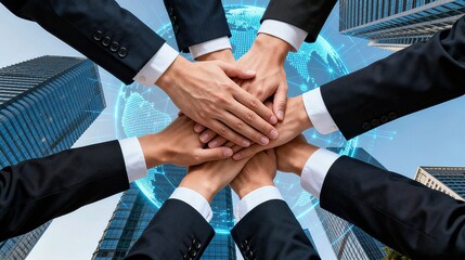 Businesspeople Stacking Hands with Holographic Earth