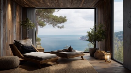 Obraz premium Seaview Relaxation Haven: A tranquil interior space, featuring a cozy chair and a charming wooden coffee table.