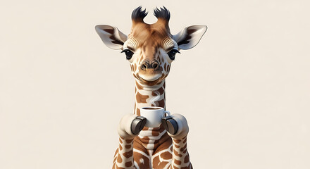 Giraffe enjoying a morning coffee break with a steaming cup on a neutral background for a whimsical and charming design