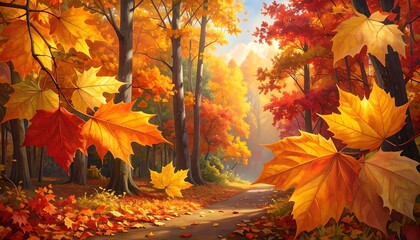 Autumn forest path bathed in sunlight