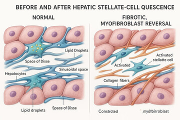 Illustration showing the difference between normal and fibrotic hepatic stellate cells and their role in liver disease.
