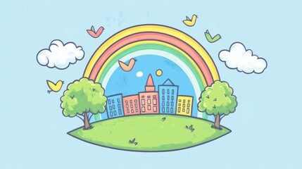 Cartoon cityscape with rainbow trees birds and clouds illustration for design
