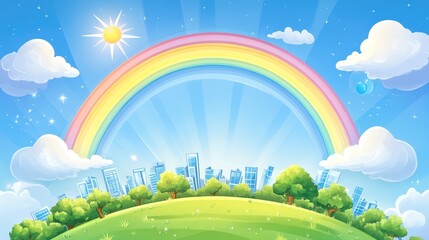 Colorful illustration of rainbow over city skyline and green landscape