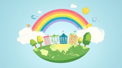 Colorful illustration of a whimsical world with buildings and a rainbow