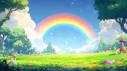 Vibrant rainbow arching over a lush green landscape and blue sky