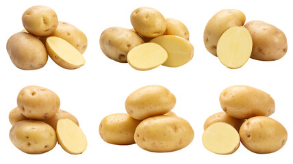 Fresh whole and halved potatoes arranged in six groups for food photography isolated on transparent background