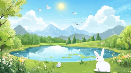 Cartoon landscape with lake bunny and mountains under sunny sky