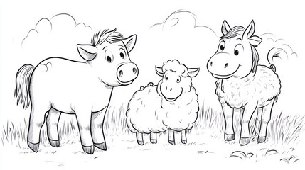 Cartoon animals sheep and horses standing together in a meadow illustration