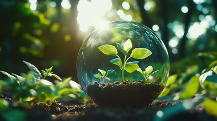 Plant inside a glass sphere with sunlight forest background illustration