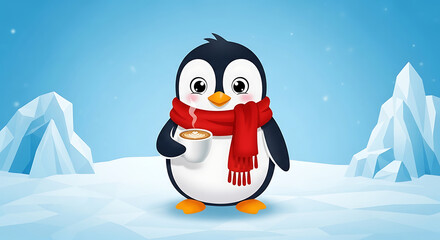 Cartoon penguin wearing a red scarf holding a cup of coffee in a winter landscape with icebergs and a blue sky